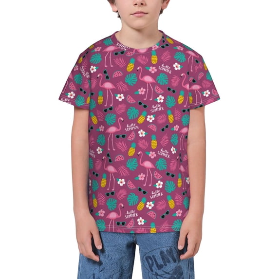Wukai Summer Flamingo Youth Unisex Short Sleeve T-Shirt for Boys, Girls, Teens, and Kids-Medium