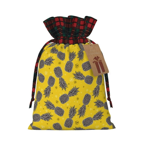 Wukai Summer Pineapple Print Christmas Burlap Bags,Drawstring Christmas Burlap Goody Gift Candy Bags Xmas Burlap Treat Bags for Candy Wrapper Xmas Party Favors-Black