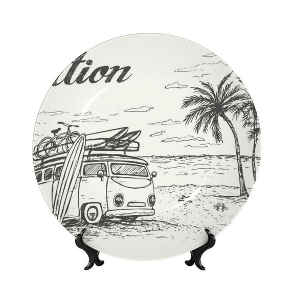 Wukai Summer Vacation Scene With Camping Van Print Decorative Plate for Display,Bone China Decorative Plate, Ceramic Dinner Plate with Stand, Vertical Ceramic Plate-6in