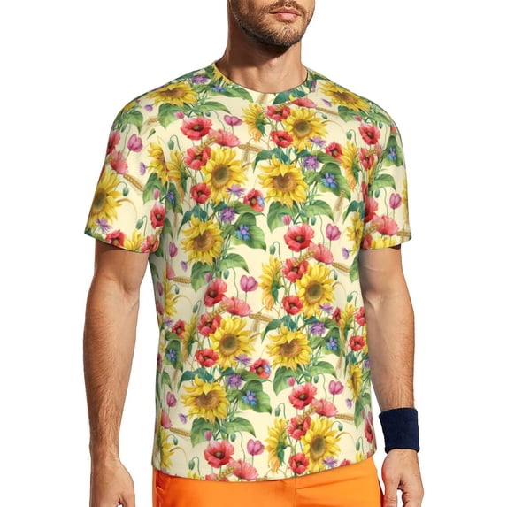 Wukai Sunflower Cornflower Poppy Print Men's Short-Sleeved Mesh T-Shirt,Quick-Dry Short Sleeve Workout T-Shirt-Medium