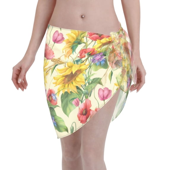 Wukai Sunflower Cornflower Poppy Women’s Short Sarongs Beach Wrap Bikini Bottom Short Skirt Chiffon Scarf for Swimwear