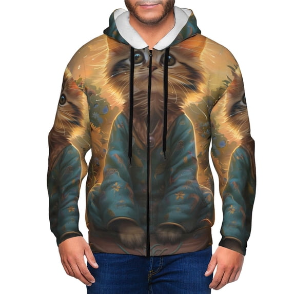 Wukai Sunflower Meditating Cat Print Men's Zip-Up Hoodie,Fleece Full-Zip Hoodie for Men, Hooded Sweatshirt-Large