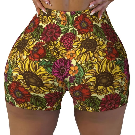 Wukai Sunflower Print Pack Biker Shorts for Women Yoga Workout Gym Running Scrunch Active Shorts-XX-Large
