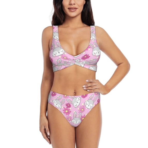 Wukai Sunflower Rabbit Women's Bikini Set Two Piece,wimsuit High Waisted V Neck Twist Front Adjustable Spaghetti Straps Bathing Suit-Medium