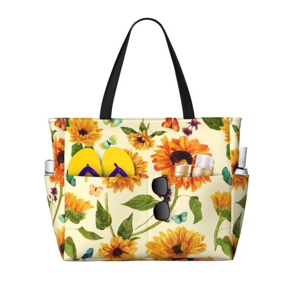 Wukai Sunflowers And Butterflies Print Zipper Bag,large Beach Tote Bag,Waterproof Sandproof Bag,Grocery and Picnic Tote Travel Bag
