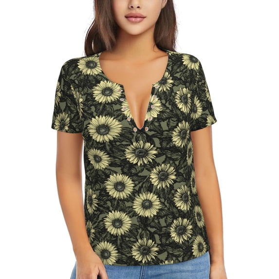 Wukai Sunflowers Casual V-Neck Graphic Tees for Women: Lightweight and Breathable Summer Tops with Stylish Design-Medium