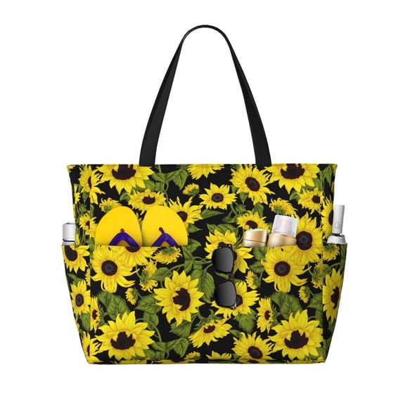 Wukai Sunflowers In Vintage Print Zipper Bag,large Beach Tote Bag,Waterproof Sandproof Bag,Grocery and Picnic Tote Travel Bag