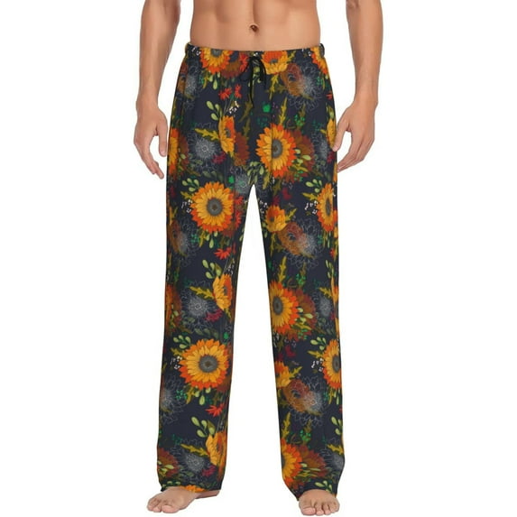 Wukai Sunflowers Mens PJ Pajama Pants|Sleepwear Plaid PJs with Pockets|Men's Lightweight Open-Hem Lounge Pants-XX-Large