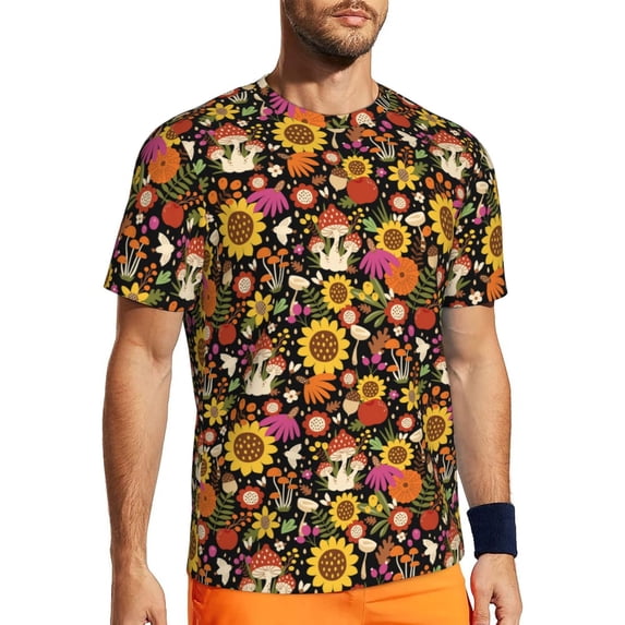 Wukai Sunflowers Mushrooms Print Men's Short-Sleeved Mesh T-Shirt,Quick-Dry Short Sleeve Workout T-Shirt-Small