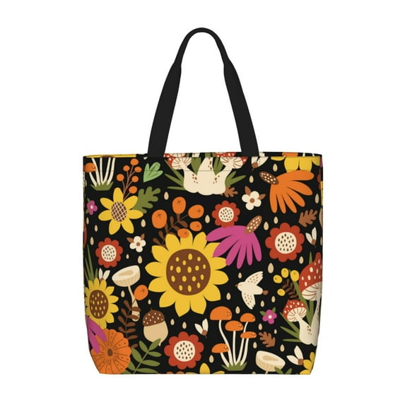 Wukai Sunflowers Mushrooms Print Reusable Grocery Bag Shopping Bags with Zipper Shoulder Shopping Handle Bag Suitable for Outdoor Convenient Daily Bag