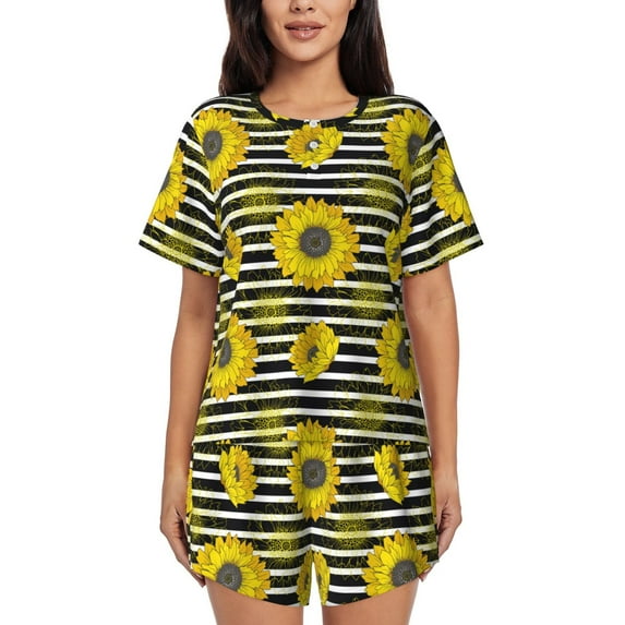 Wukai Sunflowers On Black And White Stripes Women's Pajama Set,Short-Sleeve Top and Shorts with Elastic Waistband and Pockets for Loungewear, Yoga, and Casual Wear-4X-Large