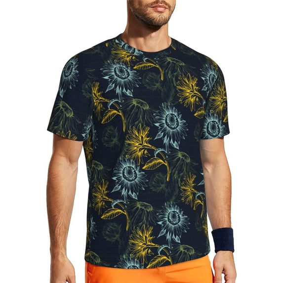Wukai Sunflowers Print Men's Short-Sleeved Mesh T-Shirt,Quick-Dry Short Sleeve Workout T-Shirt-3X-Large