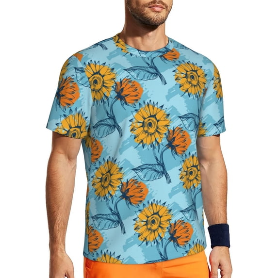 Wukai Sunflowers Print Men's Short-Sleeved Mesh T-Shirt,Quick-Dry Short Sleeve Workout T-Shirt-Small