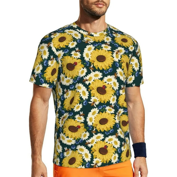 Wukai Sunflowers Print Men's Short-Sleeved Mesh T-Shirt,Quick-Dry Short Sleeve Workout T-Shirt-X-Large
