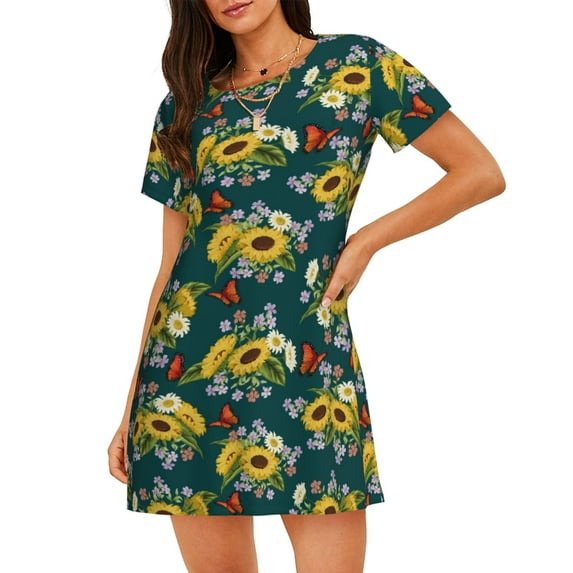 Wukai Sunflowers Print Women's Loose Short Sleeve Nightgown, Soft Sleep Dress for Comfortable Relaxation, Casual Lounge Wear