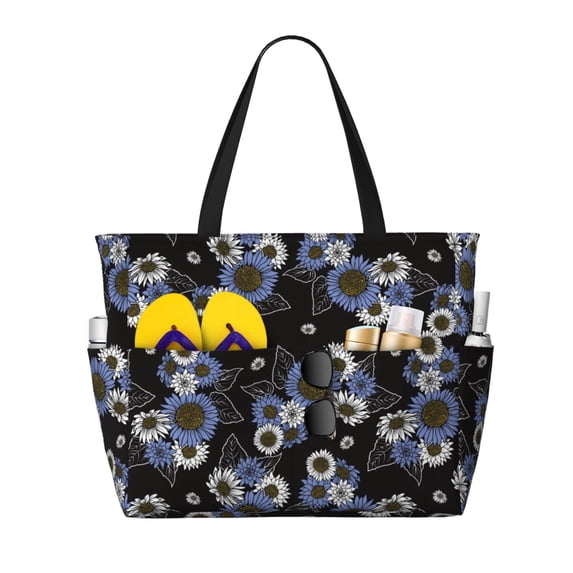Wukai Sunflowers Print Zipper Bag,large Beach Tote Bag,Waterproof Sandproof Bag,Grocery and Picnic Tote Travel Bag