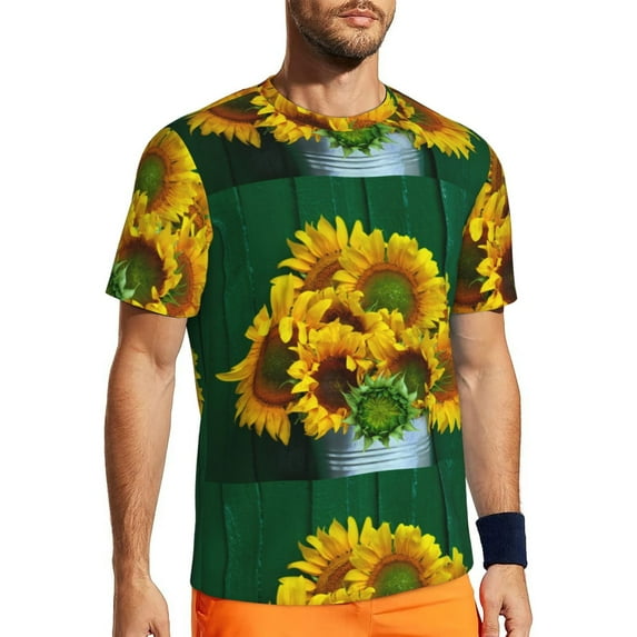 Wukai Sunflowers in Bucket Print Men's Short-Sleeved Mesh T-Shirt,Quick-Dry Short Sleeve Workout T-Shirt-Large