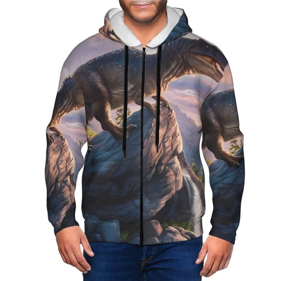 Wukai Sunset Cliff Dinosaur Print Men's Zip-Up Hoodie,Fleece Full-Zip Hoodie for Men, Hooded Sweatshirt-3X-Large