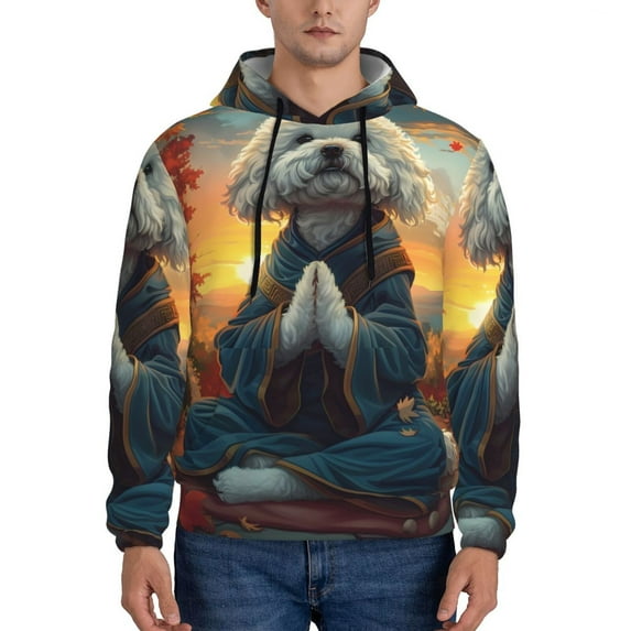 Wukai Sunset Meditating Bichon Frise Print Men Hoodies Fleece Sweatshirts Long Sleeve Sweaters Pullover Fall Outfits Winter Clothes-Large