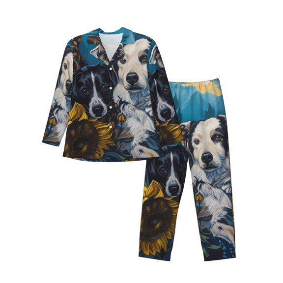 Wukai Sunset Sunflower Dog Men's Long-Sleeve Pajama Set - Comfortable Sleepwear with Button-Down Shirt and Pants-Small