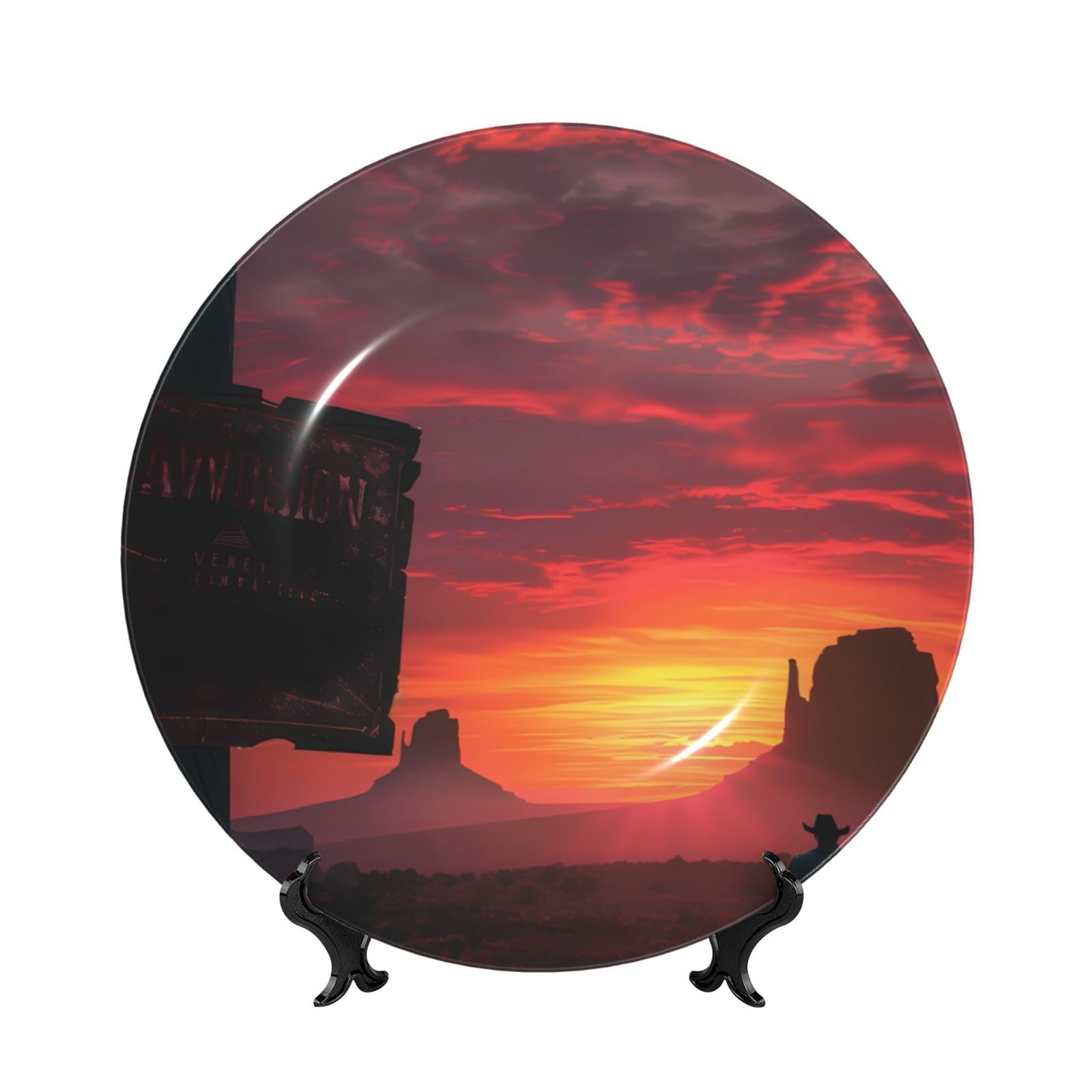 Simple Western Plate Layout Wukai Sunset Western Desert Cowboy Print Decorative Plate for Display ...