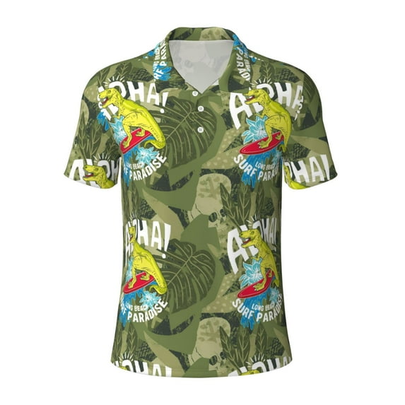 Wukai Surfing Dinosaur Men’s Polo Shirts,Quick-Dry Athletic Shirt,Classic Fit Shirts-Small
