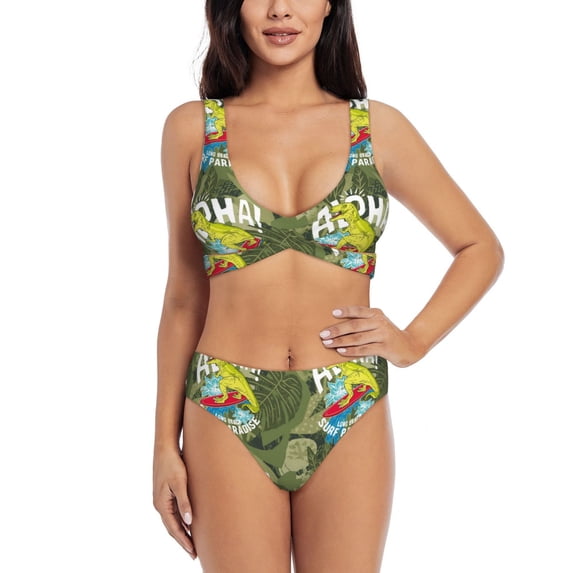 Wukai Surfing Dinosaur Women's Bikini Set Two Piece,wimsuit High Waisted V Neck Twist Front Adjustable Spaghetti Straps Bathing Suit-