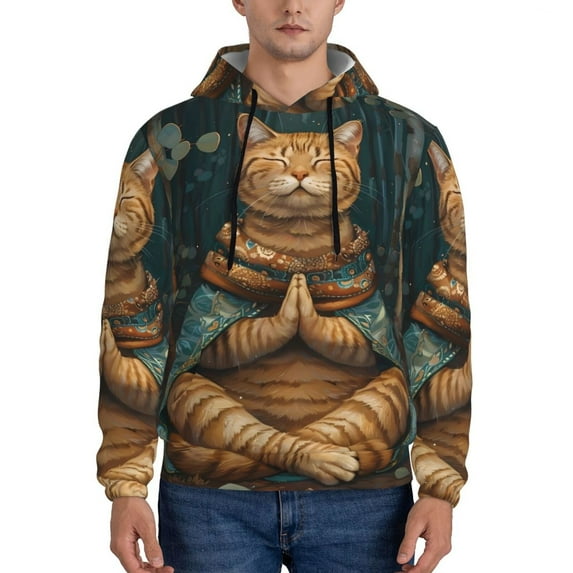 Wukai Surreal Meditating Cat Print Men Hoodies Fleece Sweatshirts Long Sleeve Sweaters Pullover Fall Outfits Winter Clothes-XX-Large