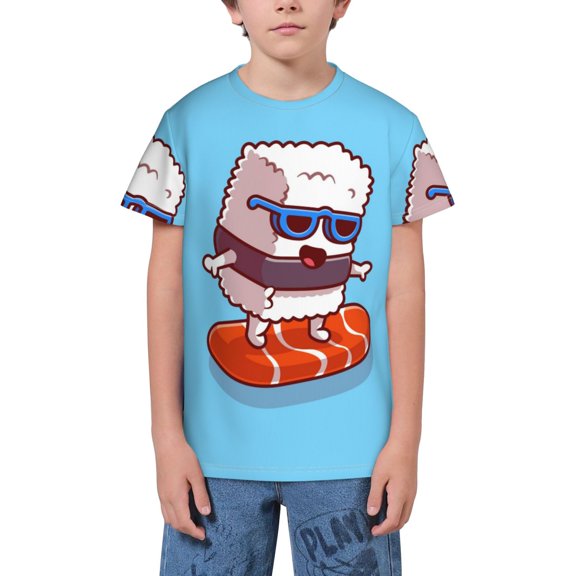 Wukai Sushi Salmon Surfing Youth Unisex Short Sleeve T-Shirt for Boys, Girls, Teens, and Kids-Medium