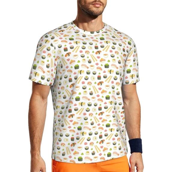 Wukai Sushi and Rolls Print Men's Short-Sleeved Mesh T-Shirt,Quick-Dry Short Sleeve Workout T-Shirt-XX-Large