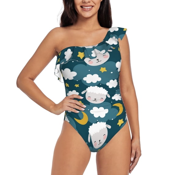 Wukai Sweet Dream Lamb Chic One Shoulder Swimwear with Ruffle Design and Tummy Control Skirt: Fashionable, Supportive, Comfortable for Beach-Small