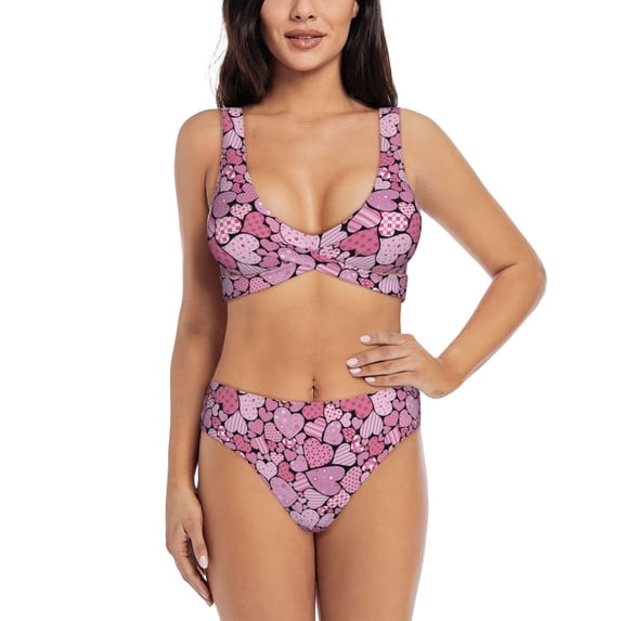 Wukai Sweet Heart Women's Bikini Set Two Piece,wimsuit High Waisted V Neck Twist Front Adjustable Spaghetti Straps Bathing Suit-