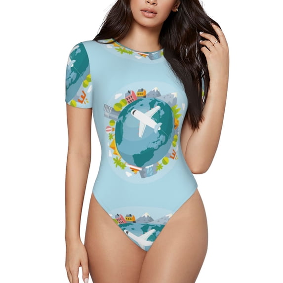 Naloa Dreaming Travel Women's Short-Sleeved Onesie, One-Piece Swimsuit for Parties, dates, clubs - Large