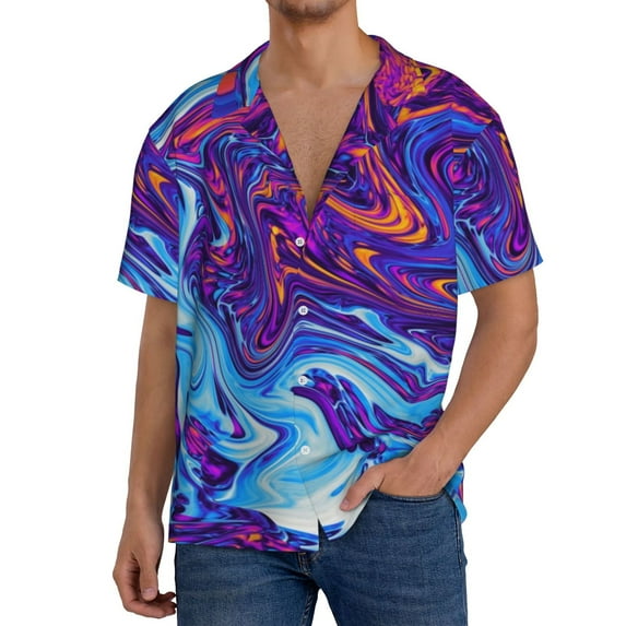 Wukai Swirl Print Blue Purple Men's Casual Short-Sleeve Button Down Shirt,Cuban Shirts for Men,Mens Short Sleeve Dress Shirts-Small