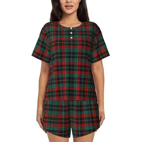 Wukai Tartan Plaid Print Women's Pajama Set - Short-Sleeve Top and Shorts with Elastic Waistband and Pockets for Loungewear, Yoga, and Casual Wear-3X-Large