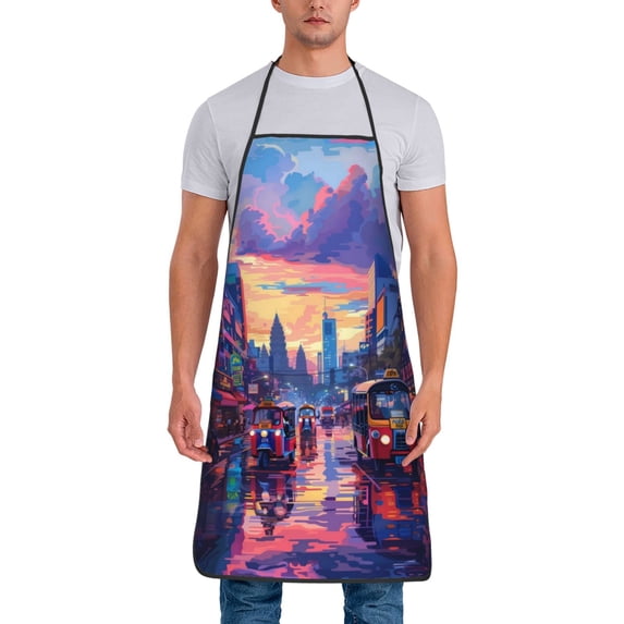 Wukai Taxi Colorful Town Print Aprons Adjustable Bib Aprons Cooking Kitchen Chef Apron for Women and Men