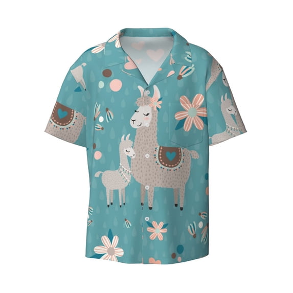 Wukai Teal Mama Llama Men's Casual Short-Sleeve Button Down Shirt - Lightweight Summer Dress Shirt for Daily Wear-Large