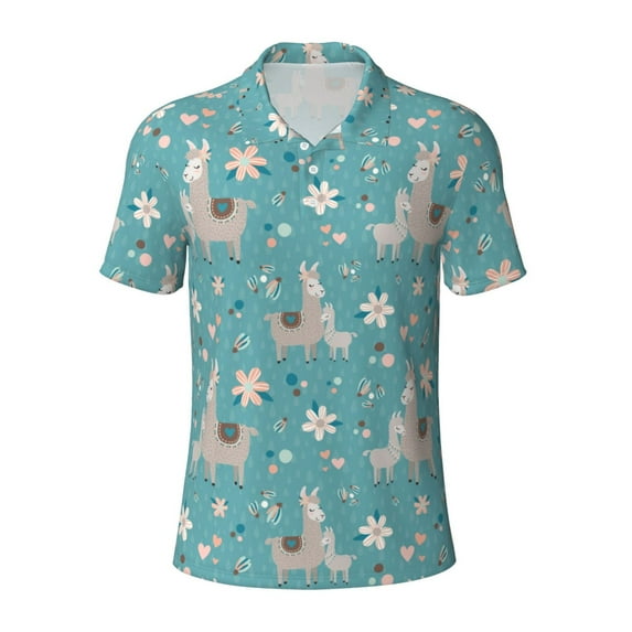 Wukai Teal Mama Llama Men’s Polo Shirts,Quick-Dry Athletic Shirt,Classic Fit Shirts-Large
