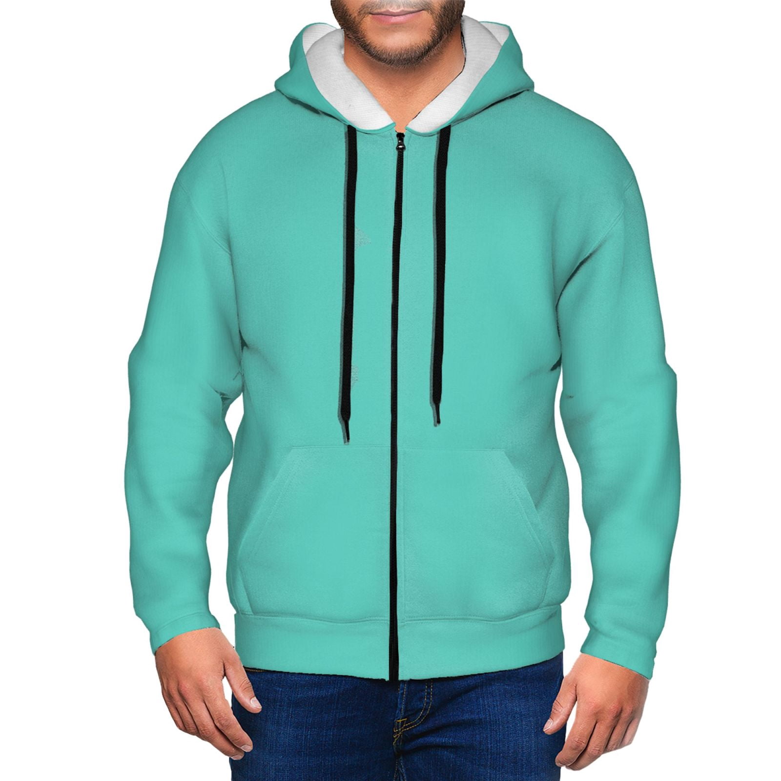 Wukai Teal Turquoise Print Men's Zip-Up Hoodie,Fleece Full-Zip