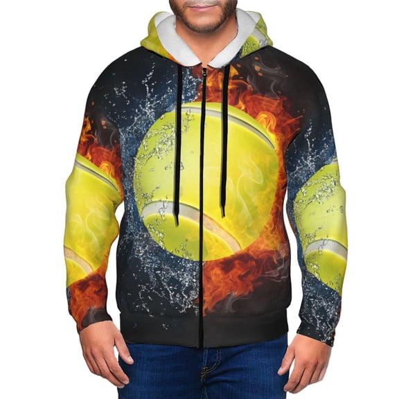 Wukai Tennis Ball In Fire And Water Print Men's Zip-Up Hoodie,Fleece Full-Zip Hoodie for Men, Hooded Sweatshirt-Medium