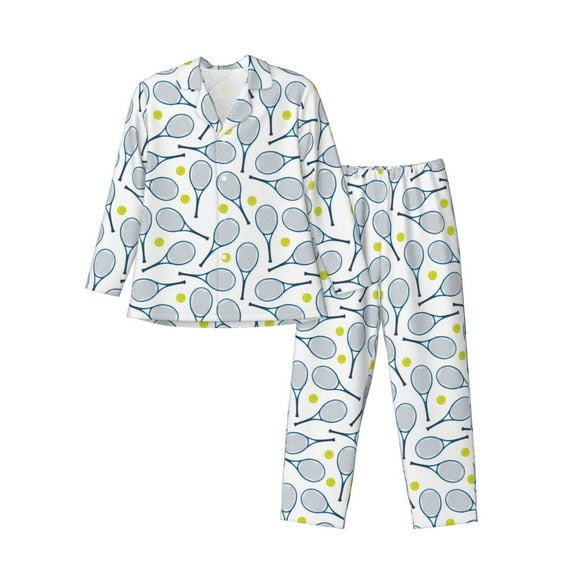 Wukai Tennis Rackets And Balls Men's Long Sleeve Pajama Set,Long Sleeve Mens Sleepwear with Pockets & Front Fly-XX-Large