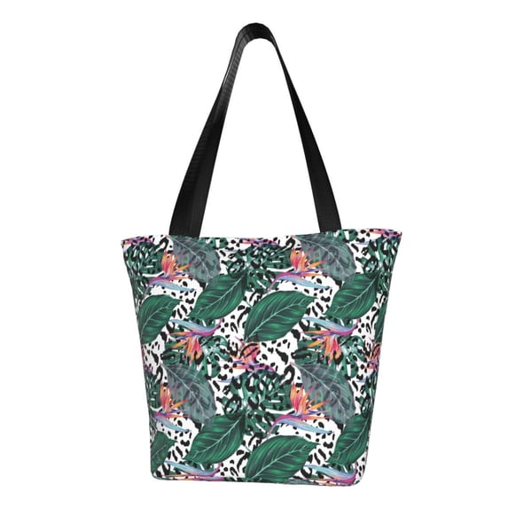 Vsdgher Tropical Leaves print Reusable Shopping Grocery Bags for Women Shopping with Pouch Foldable Pouch Lightweight Polyester Fabric