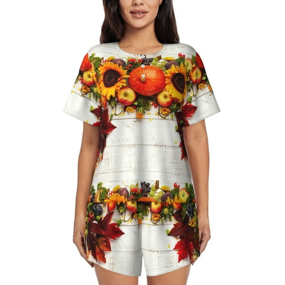 Wukai Thanksgiving With Autumn Women's Pajama Set,Short-Sleeve Top and Shorts with Elastic Waistband and Pockets for Loungewear, Yoga, and Casual Wear-Medium