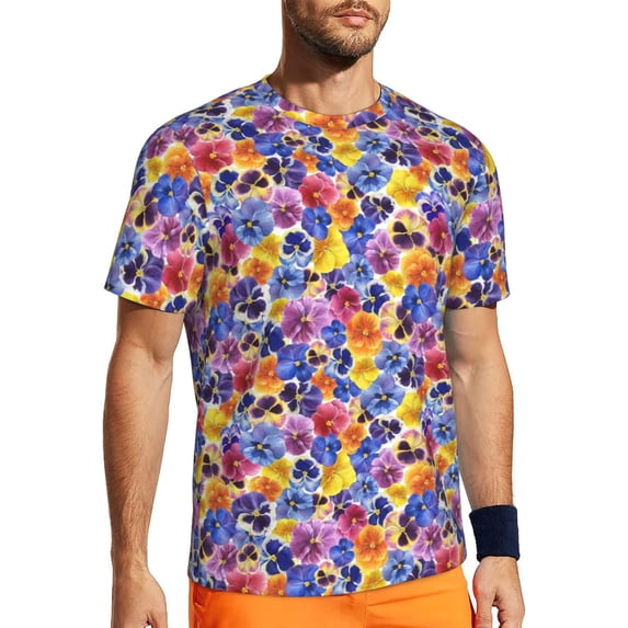 Wukai The Garden Tricolor Pansy Flower Print Men's Short-Sleeved Mesh T-Shirt,Quick-Dry Short Sleeve Workout T-Shirt-Small