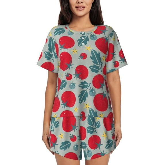 Wukai Tomato Print Women's Pajama Set - Short-Sleeve Top and Shorts with Elastic Waistband and Pockets for Loungewear, Yoga, and Casual Wear-Large