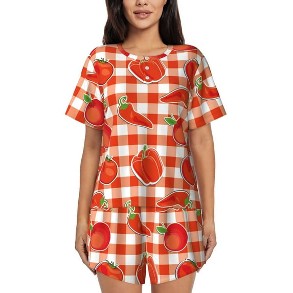 Wukai Tomatoes And Chili Women's Pajama Set,Short-Sleeve Top and Shorts with Elastic Waistband and Pockets for Loungewear, Yoga, and Casual Wear-3X-Large