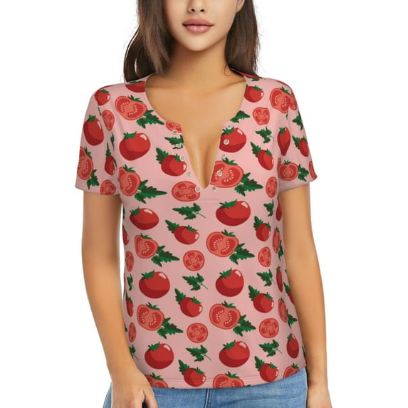 Wukai Tomatoes Casual V-Neck Graphic Tees for Women: Lightweight and Breathable Summer Tops with Stylish Design-Small