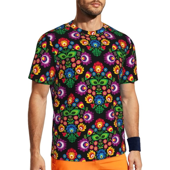 Wukai Traditional Floral Polish Print Men's Short-Sleeved Mesh T-Shirt,Quick-Dry Short Sleeve Workout T-Shirt-Large