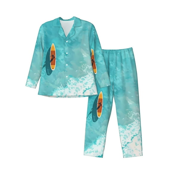 Wukai Tranquil Ocean Canoe Journey Men's Long-Sleeve Pajama Set - Comfortable Sleepwear with Button-Down Shirt and Pants-XX-Large