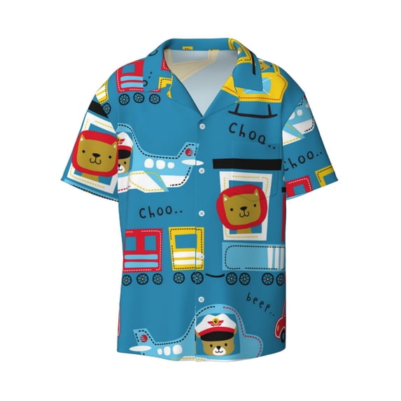 Wukai Transportations With Cute Animals Men's Casual Short-Sleeve Button Down Shirt - Lightweight Summer Dress Shirt for Daily Wear-Small